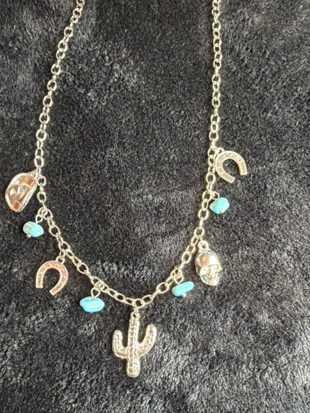 Western Silver Cactus Charm Necklace with Turquoise Accents